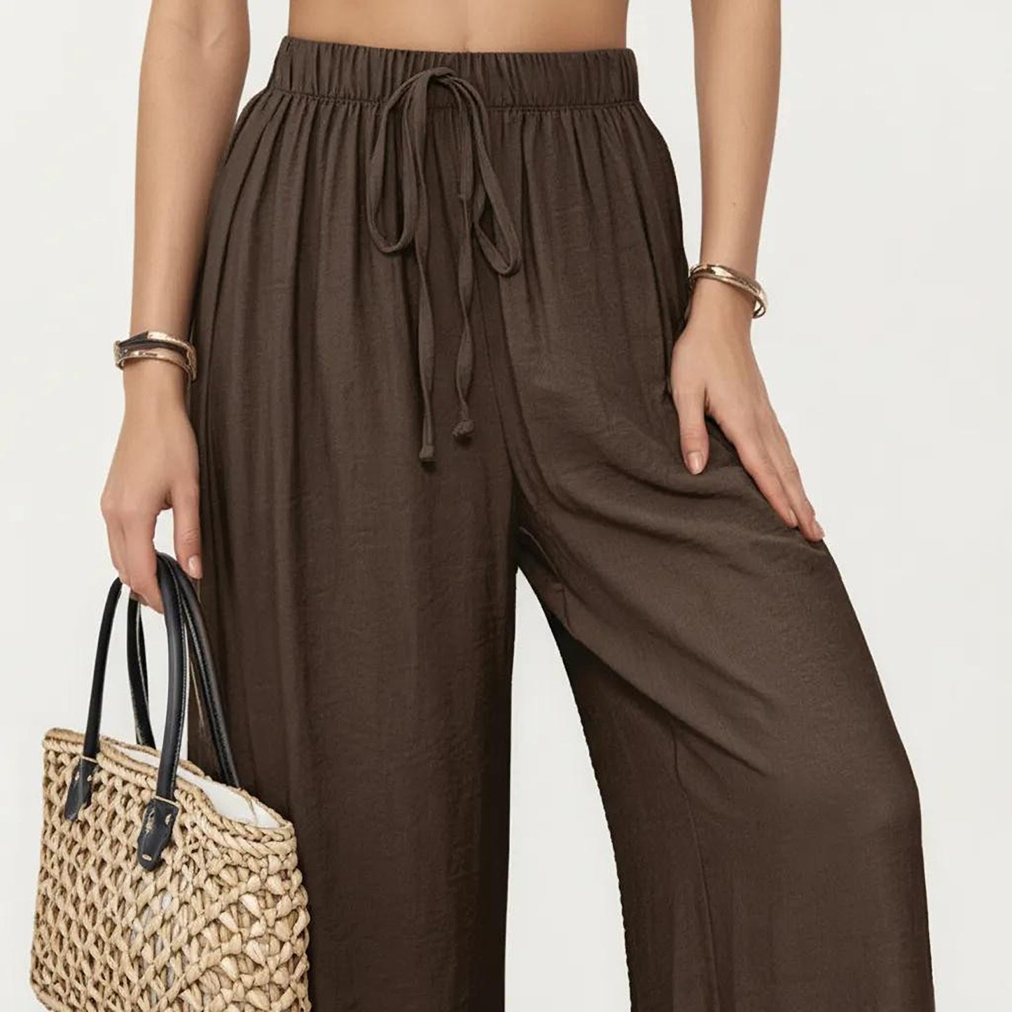 High Waist Wide Leg Lounge Pants with Elastic Waist and Adjustable Drawstring