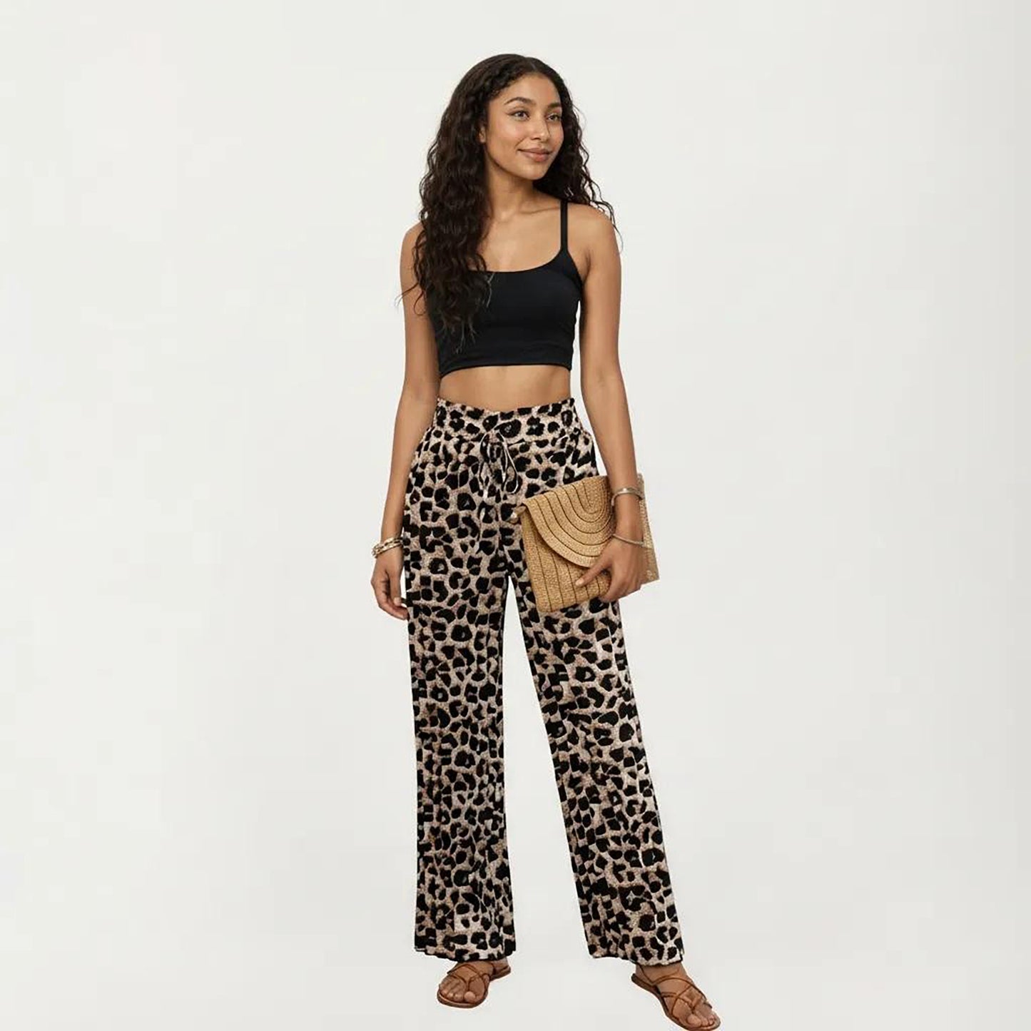 High Waist Wide Leg Pants with Leopard Print and Adjustable Drawstring