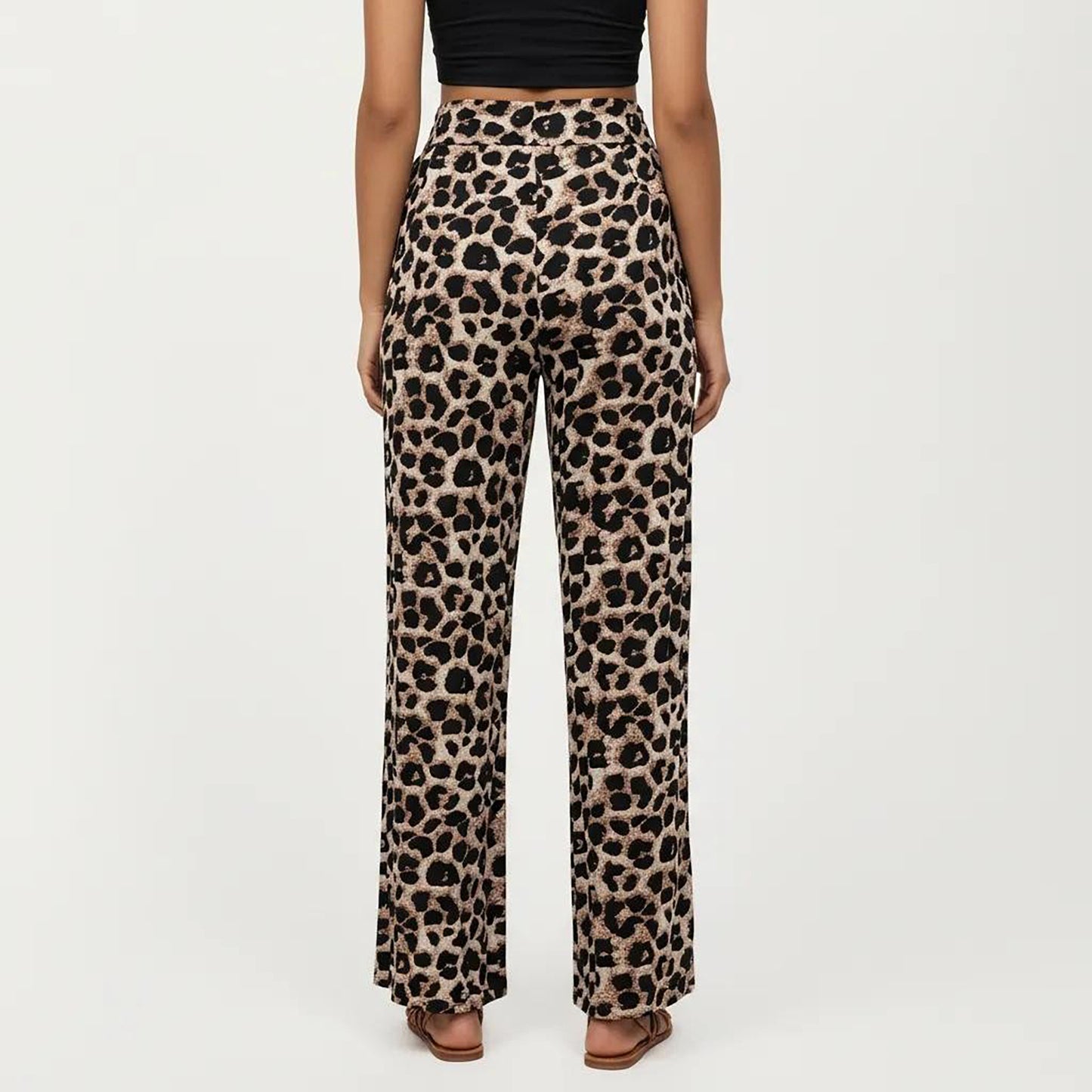 High Waist Wide Leg Pants with Leopard Print and Adjustable Drawstring
