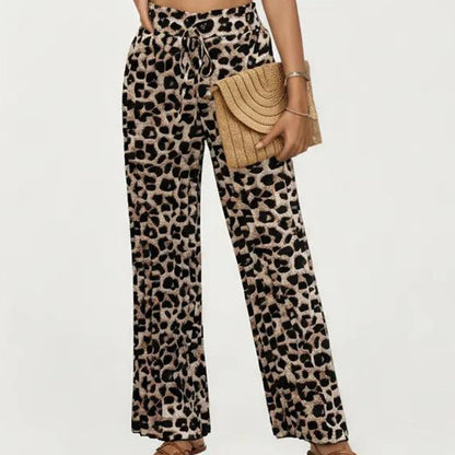 High Waist Wide Leg Pants with Leopard Print and Adjustable Drawstring