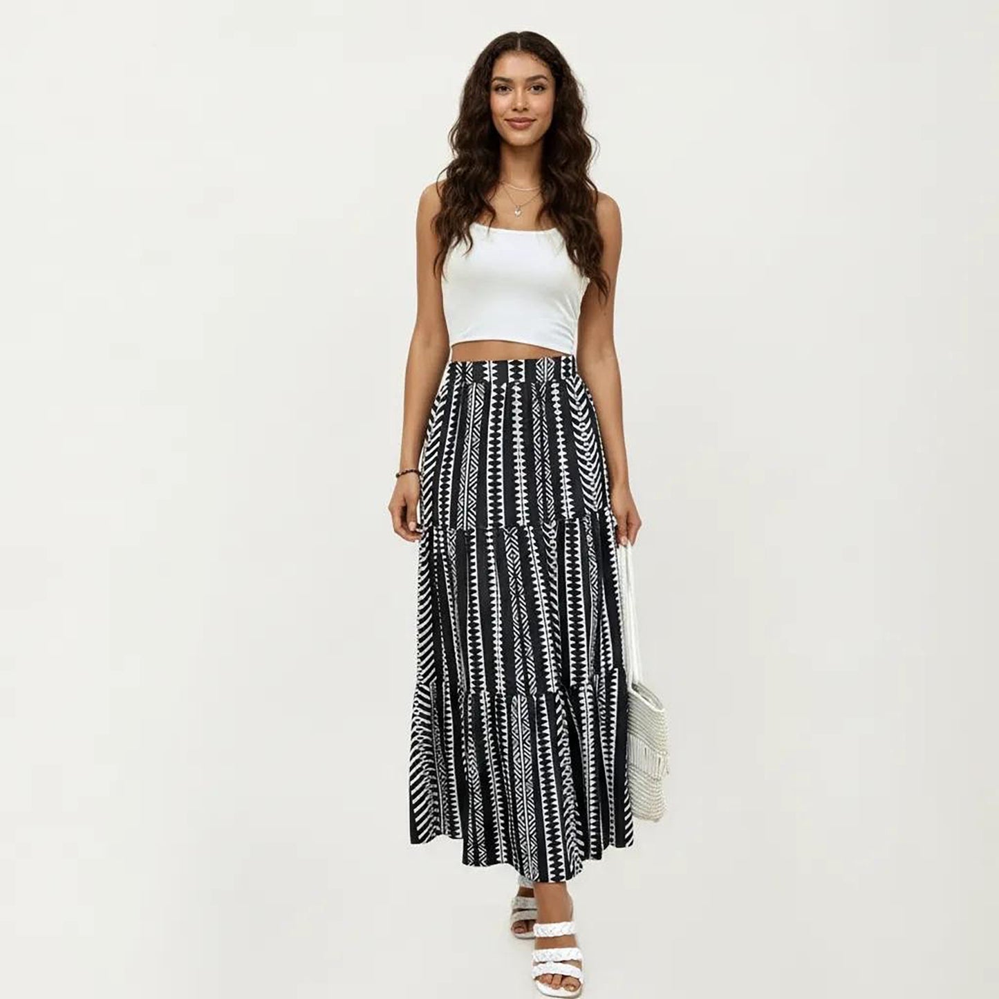 High Waist Tiered Midi Skirt with Geometric Print