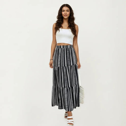 High Waist Tiered Midi Skirt with Geometric Print
