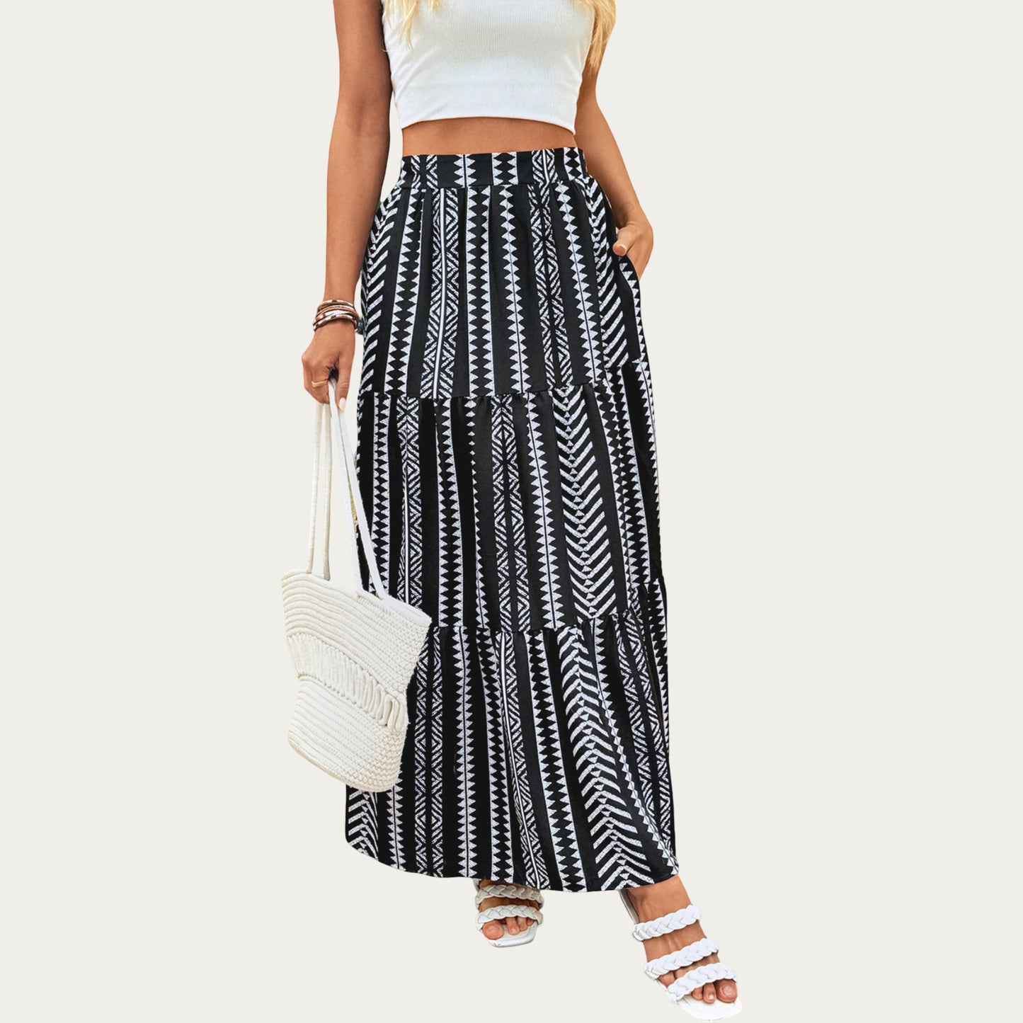 High Waist Tiered Midi Skirt with Geometric Print