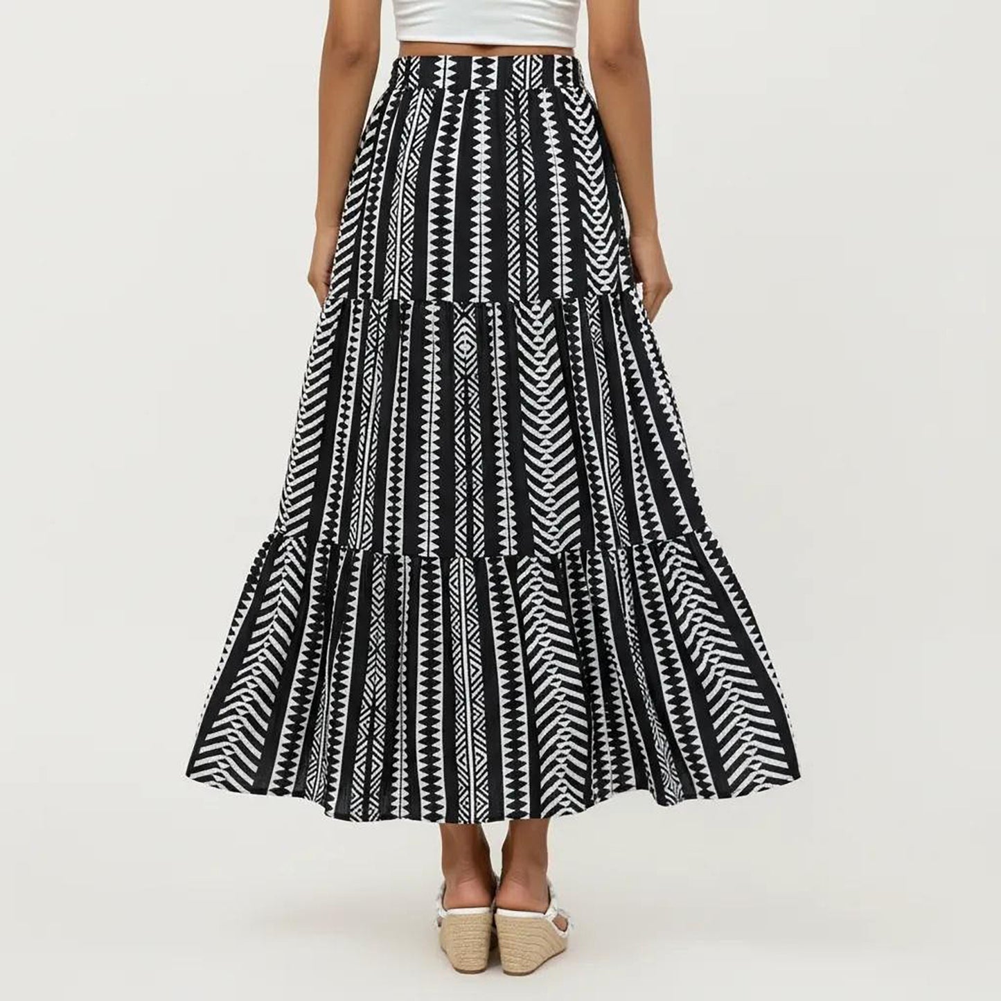 High Waist Tiered Midi Skirt with Geometric Print