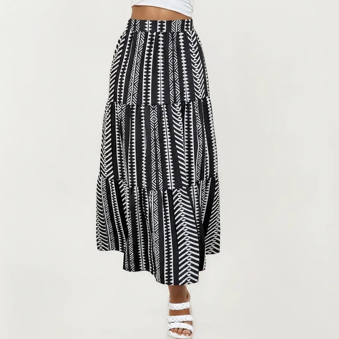 High Waist Tiered Midi Skirt with Geometric Print