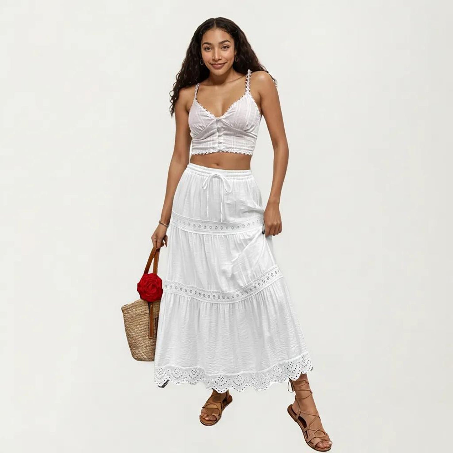 High Waist Tiered Midi Skirt with Eyelet Trim