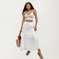 High Waist Tiered Midi Skirt with Eyelet Trim
