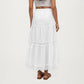 High Waist Tiered Midi Skirt with Eyelet Trim