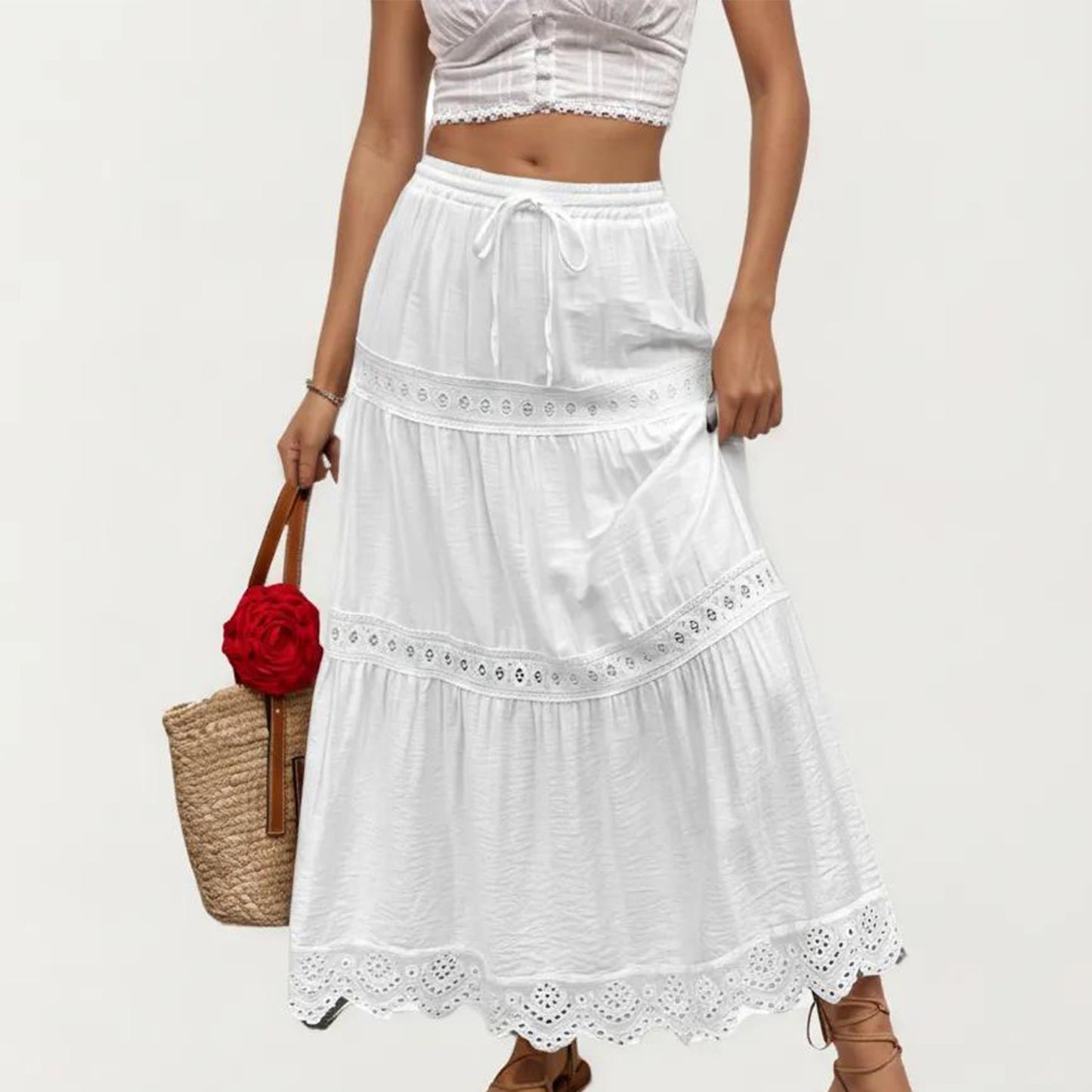 High Waist Tiered Midi Skirt with Eyelet Trim
