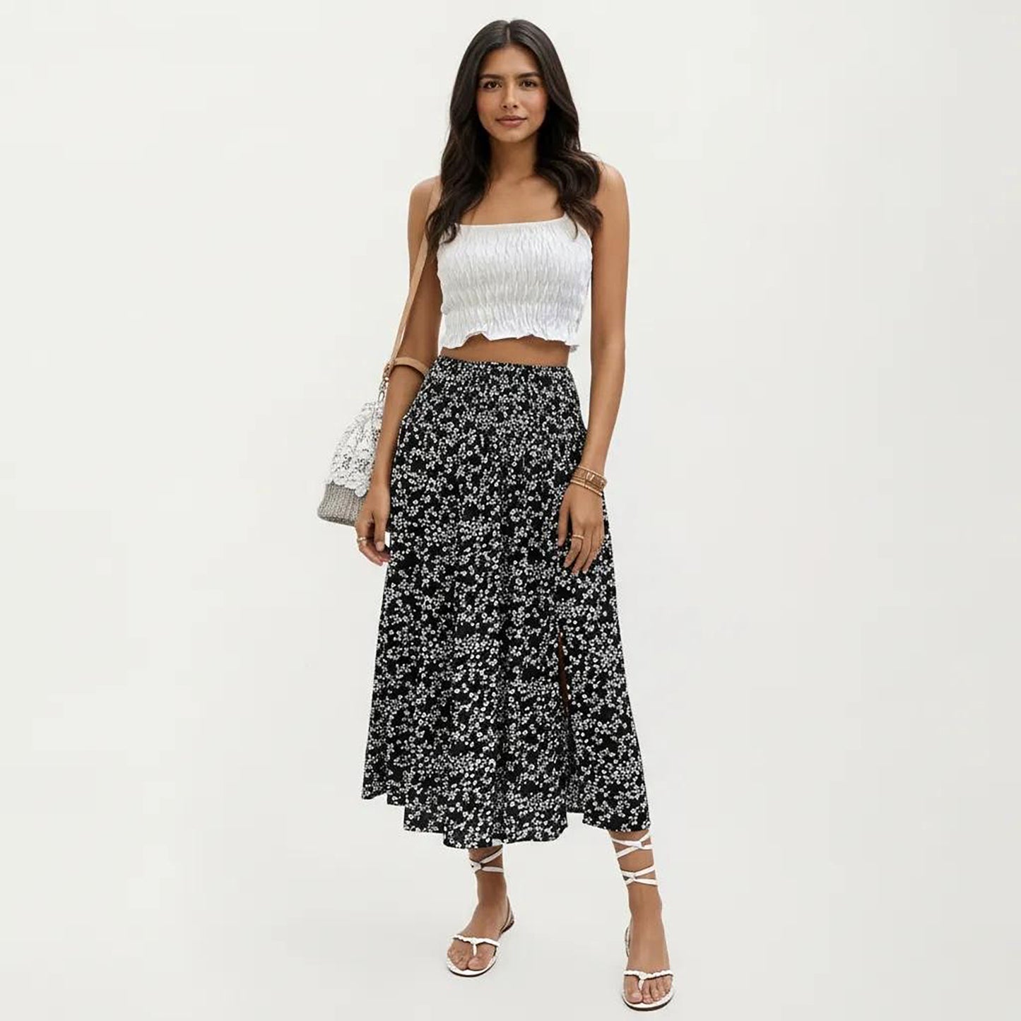 High Waist Midi Skirt with Ditsy Floral Print and Side Slit