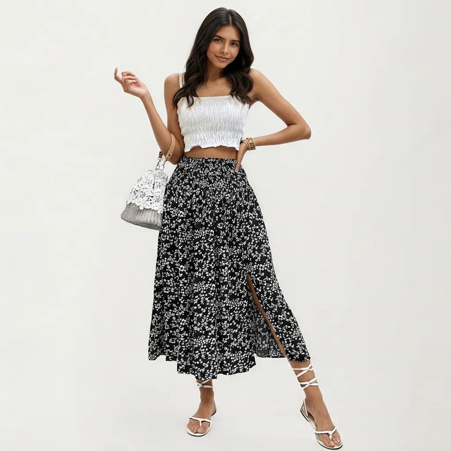 High Waist Midi Skirt with Ditsy Floral Print and Side Slit