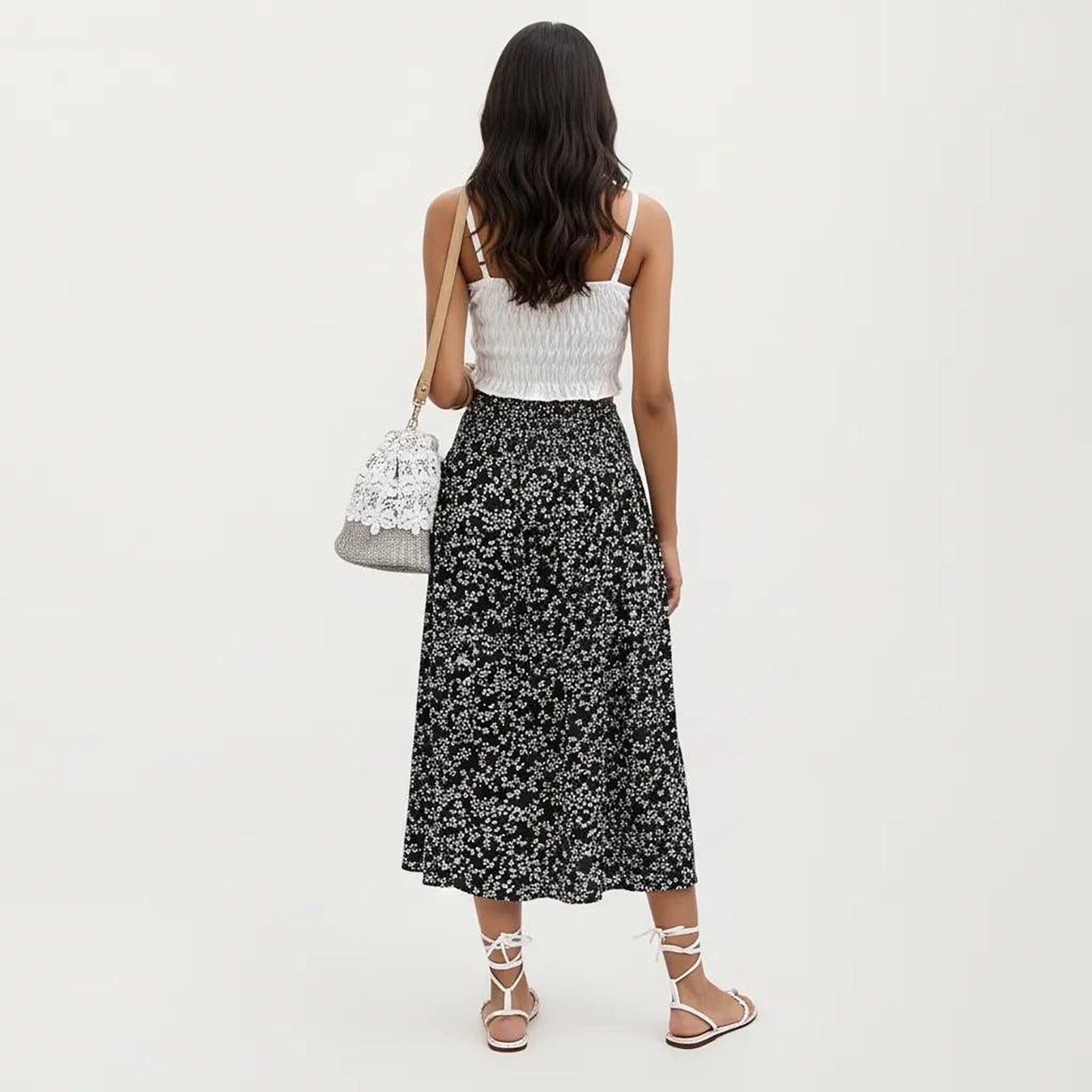 High Waist Midi Skirt with Ditsy Floral Print and Side Slit