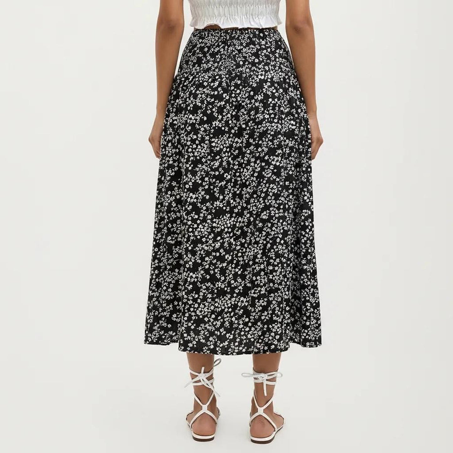 High Waist Midi Skirt with Ditsy Floral Print and Side Slit