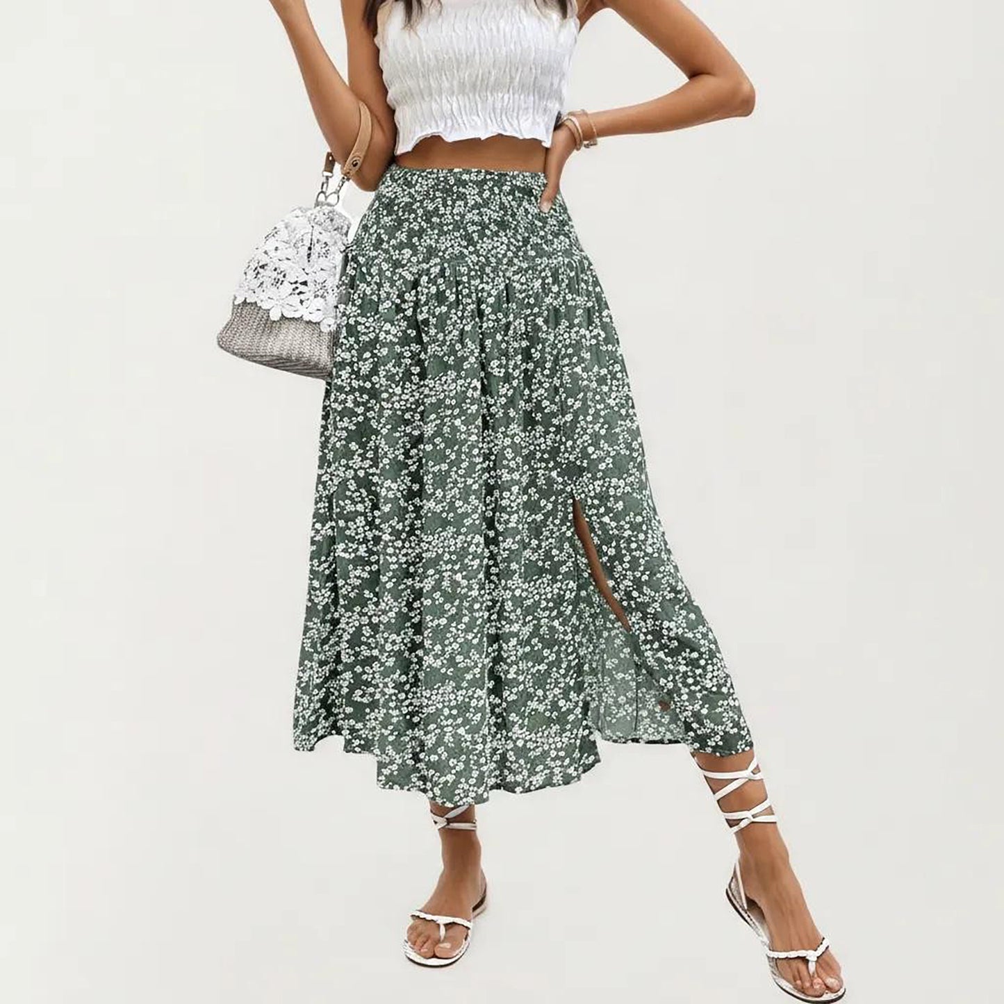 High Waist Midi Skirt with Ditsy Floral Print and Side Slit