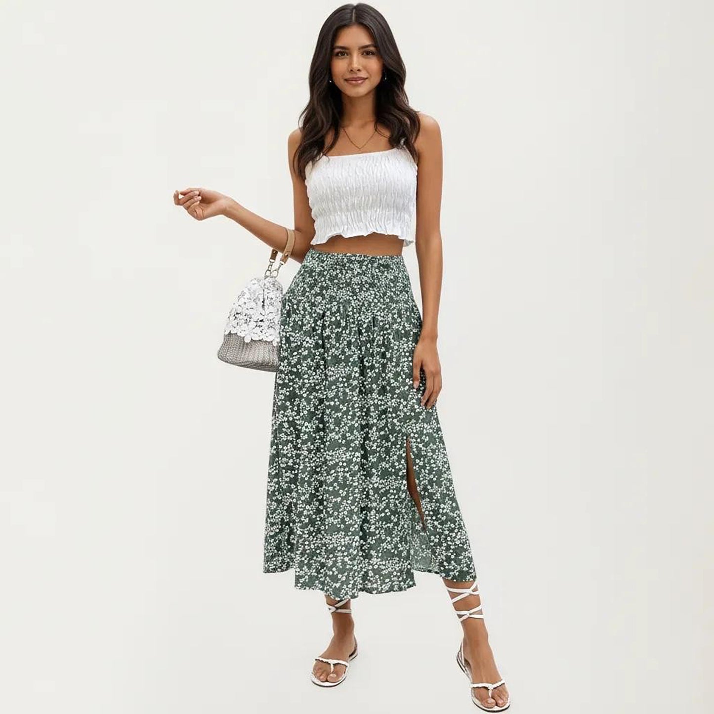 High Waist Midi Skirt with Ditsy Floral Print and Side Slit