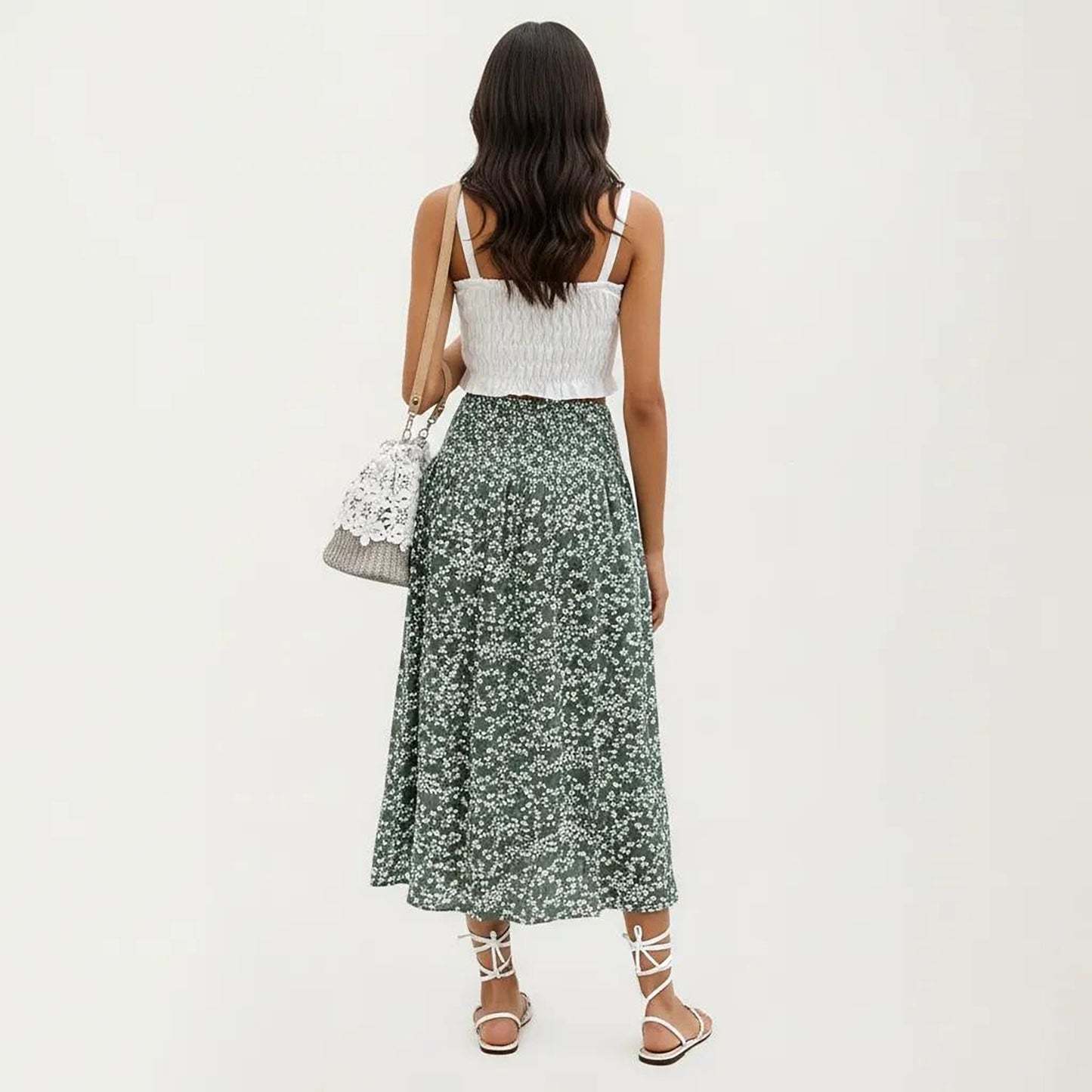 High Waist Midi Skirt with Ditsy Floral Print and Side Slit