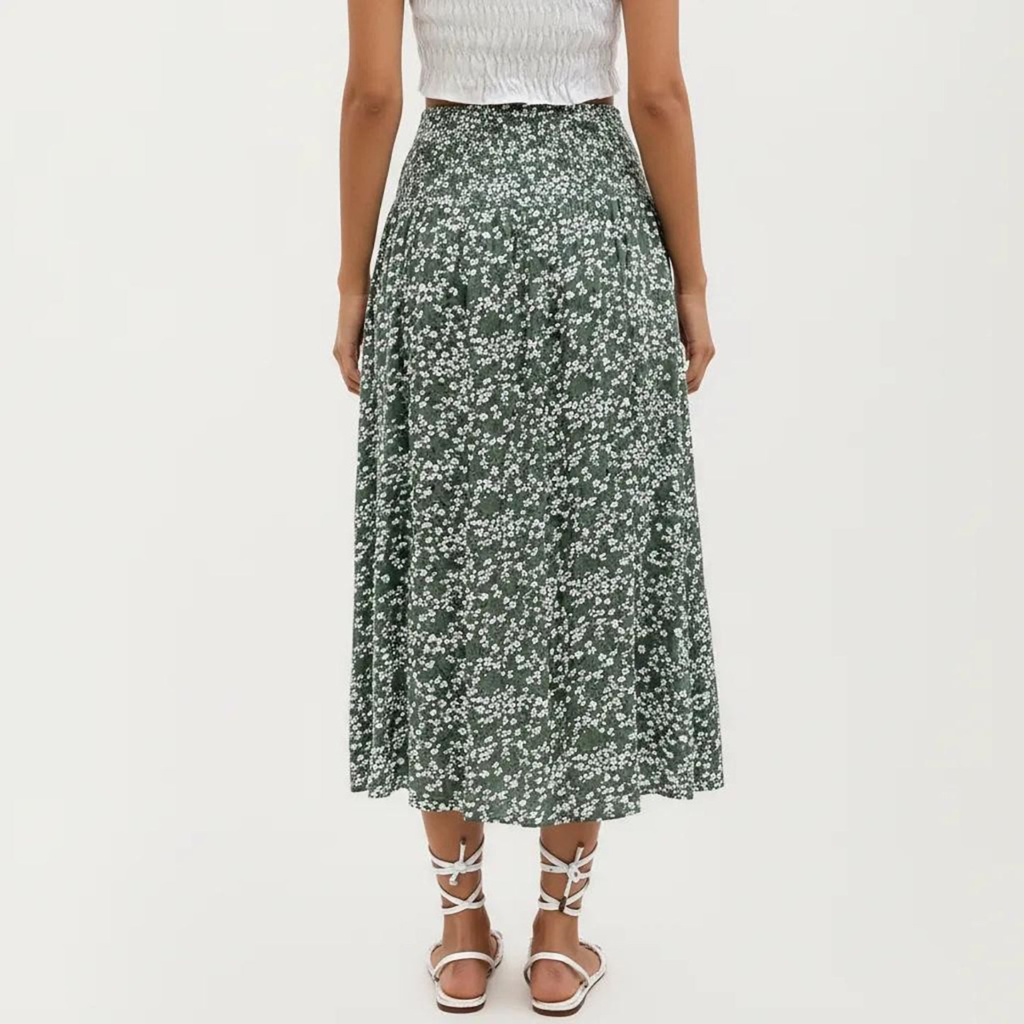 High Waist Midi Skirt with Ditsy Floral Print and Side Slit