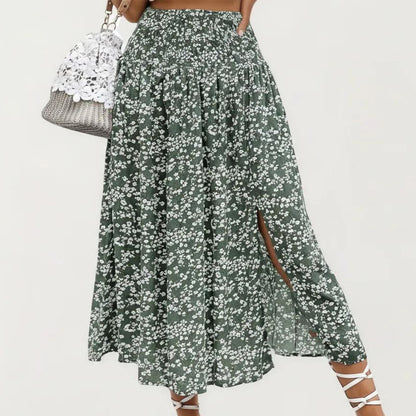 High Waist Midi Skirt with Ditsy Floral Print and Side Slit