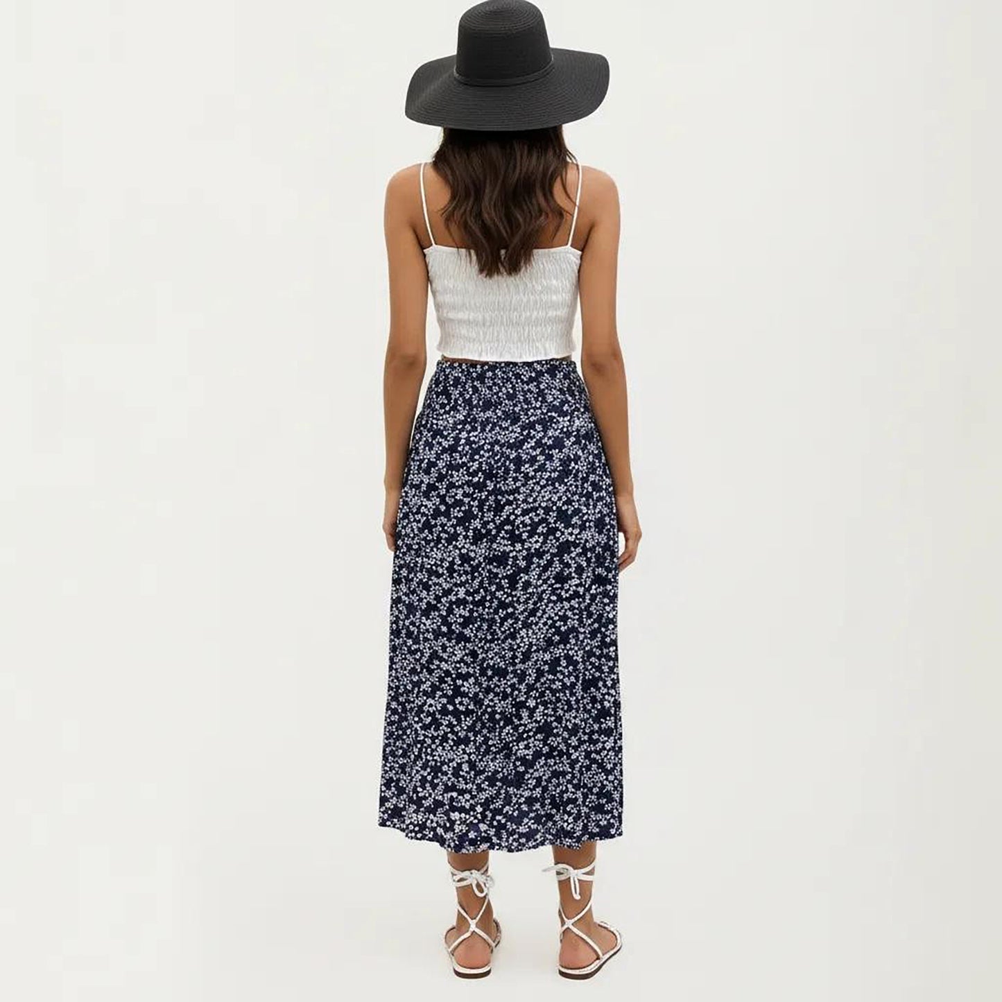 High Waist Midi Skirt with Ditsy Floral Print and Side Slit