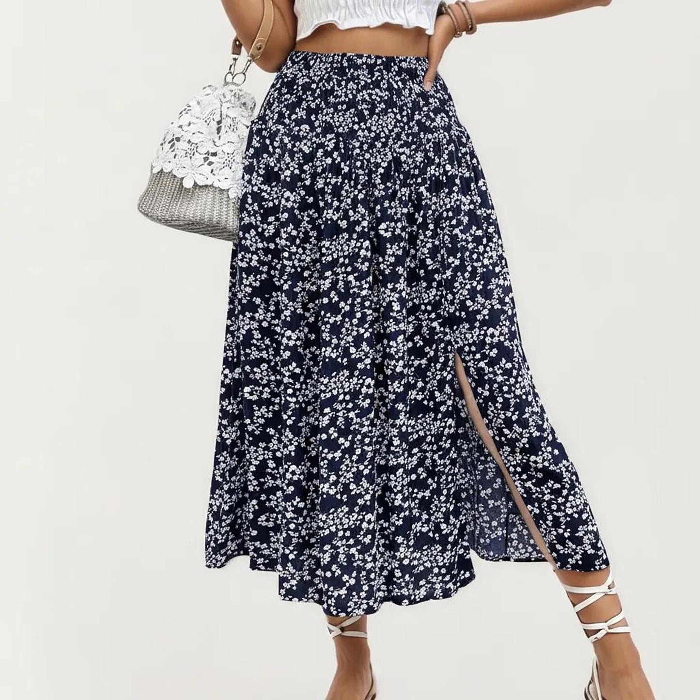 High Waist Midi Skirt with Ditsy Floral Print and Side Slit