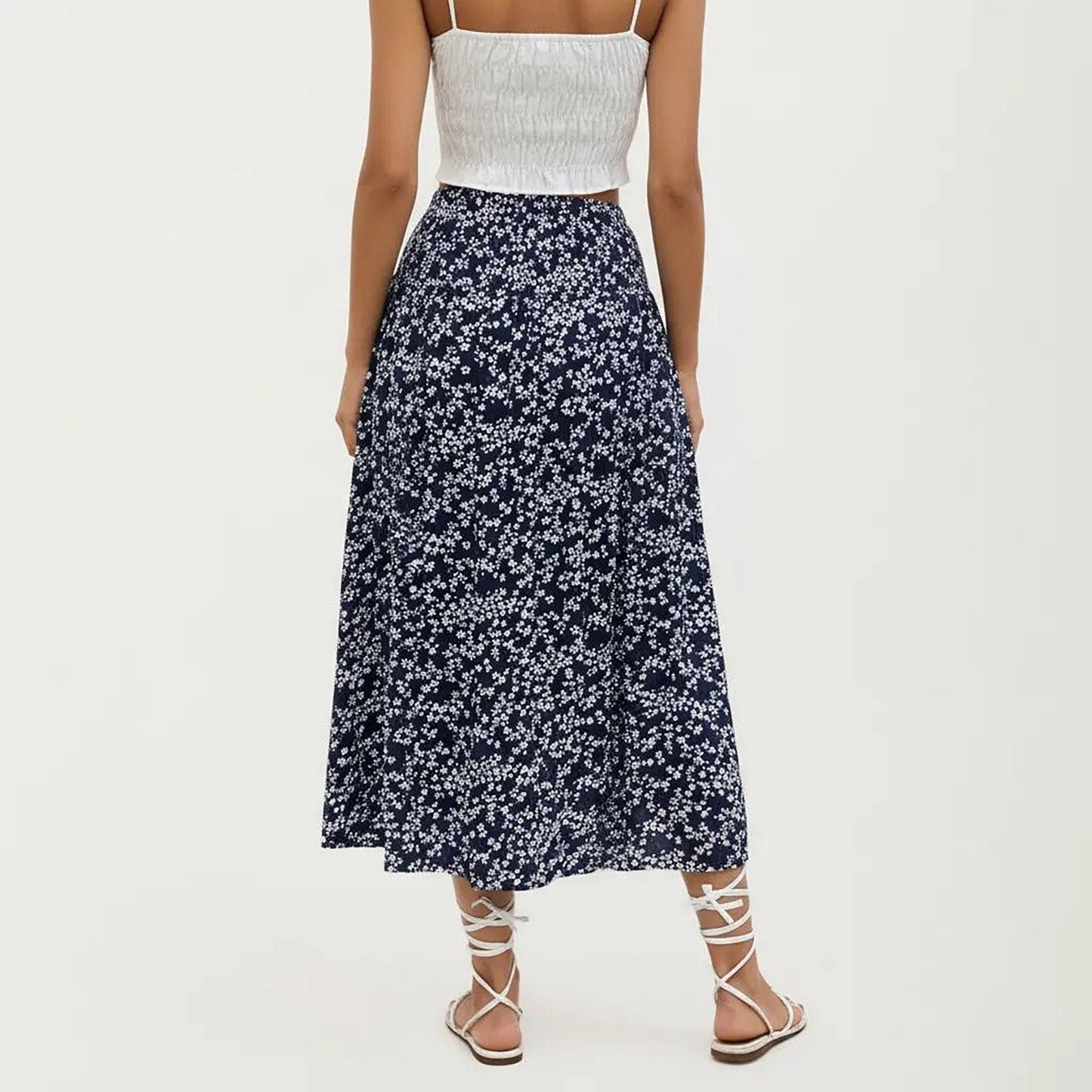 High Waist Midi Skirt with Ditsy Floral Print and Side Slit