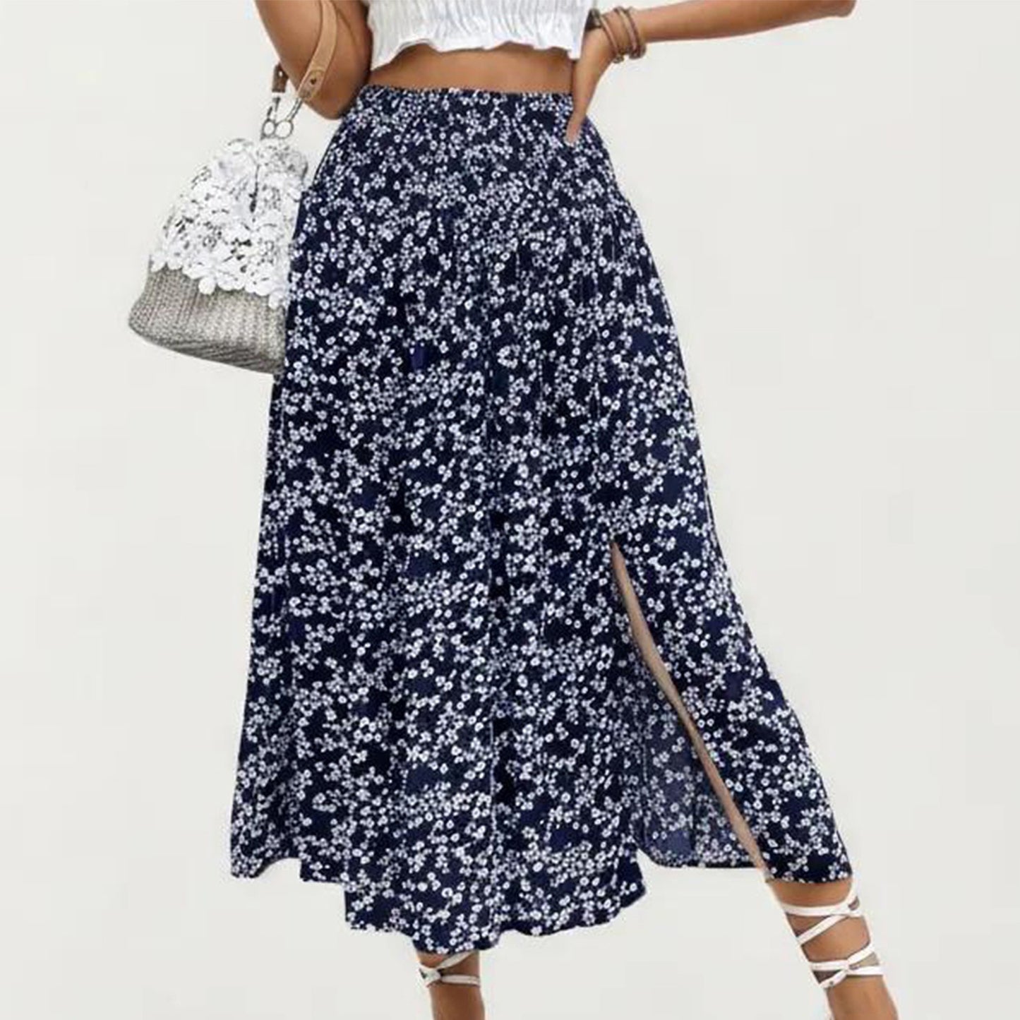 High Waist Midi Skirt with Ditsy Floral Print and Side Slit