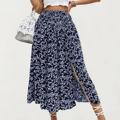 High Waist Midi Skirt with Ditsy Floral Print and Side Slit