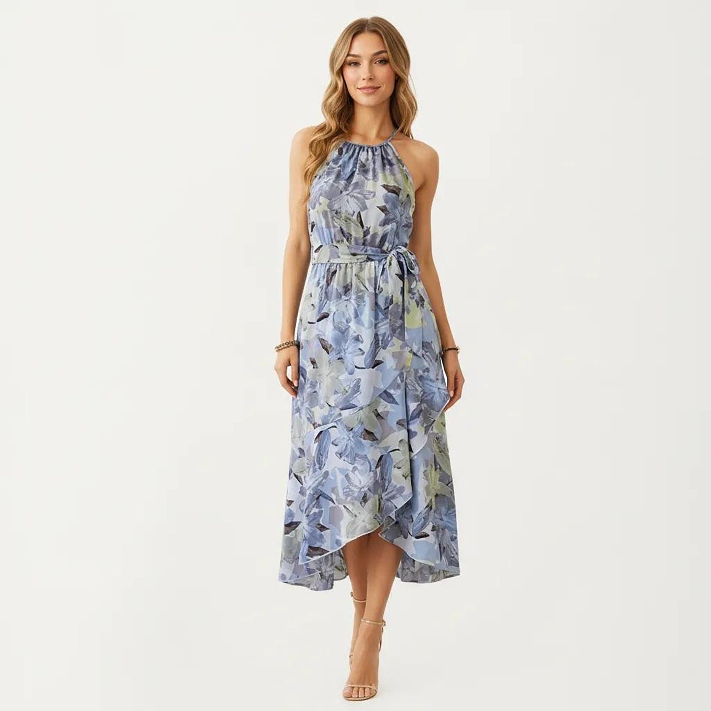 Halter Neck Midi Dress with Floral Print and Asymmetrical Hem