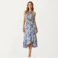 Halter Neck Midi Dress with Floral Print and Asymmetrical Hem