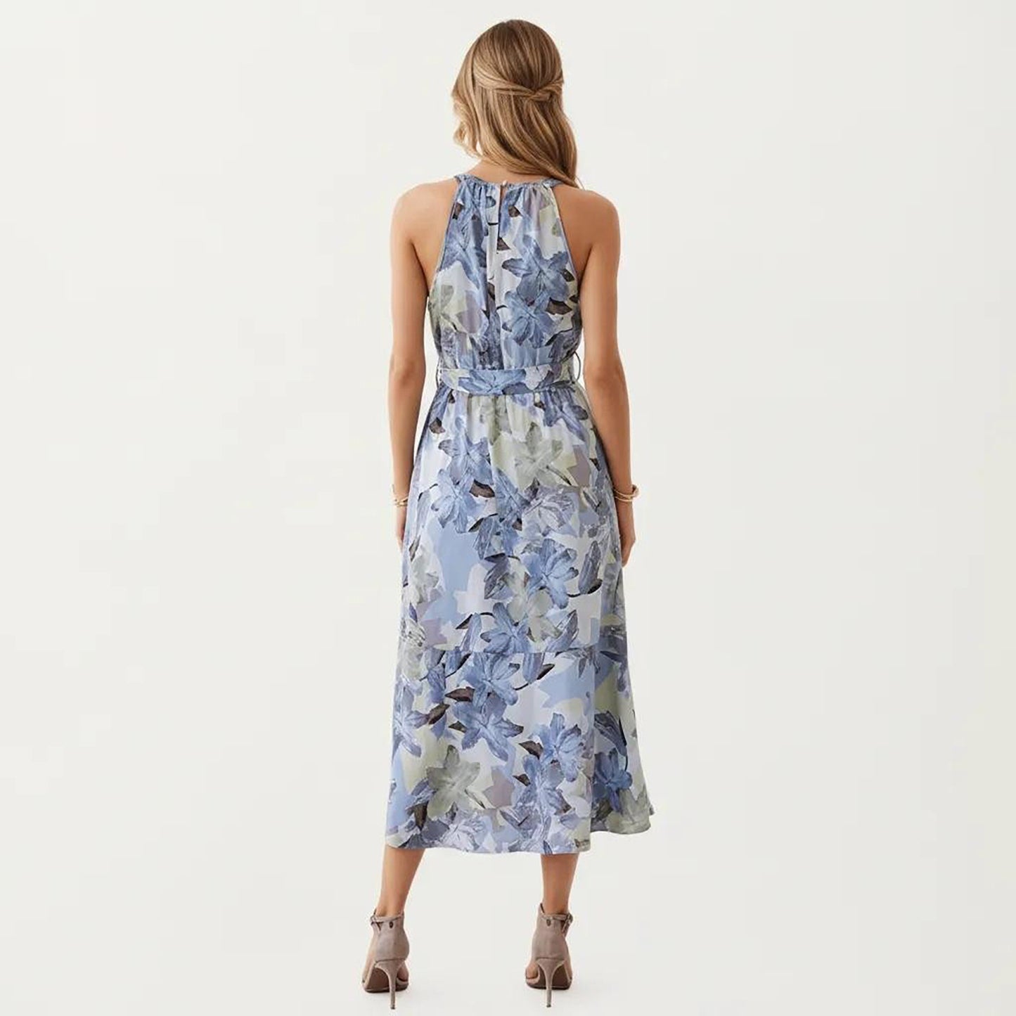 Halter Neck Midi Dress with Floral Print and Asymmetrical Hem
