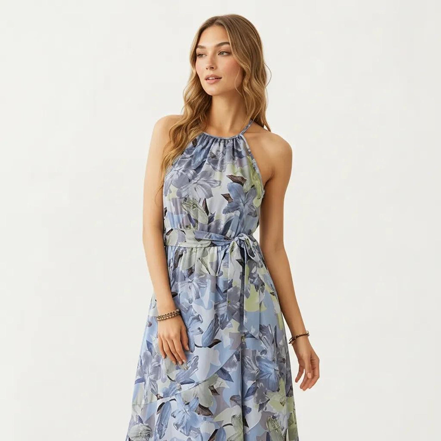 Halter Neck Midi Dress with Floral Print and Asymmetrical Hem