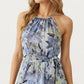 Halter Neck Midi Dress with Floral Print and Asymmetrical Hem
