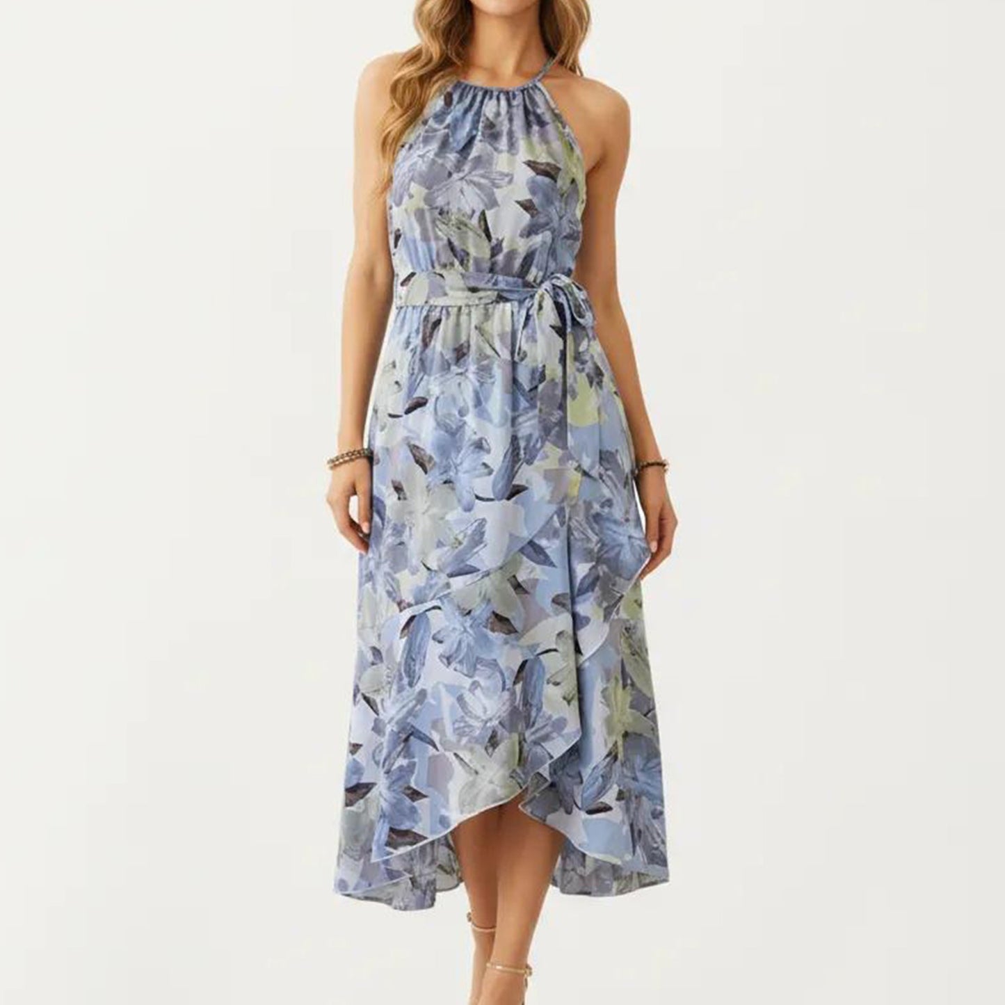 Halter Neck Midi Dress with Floral Print and Asymmetrical Hem