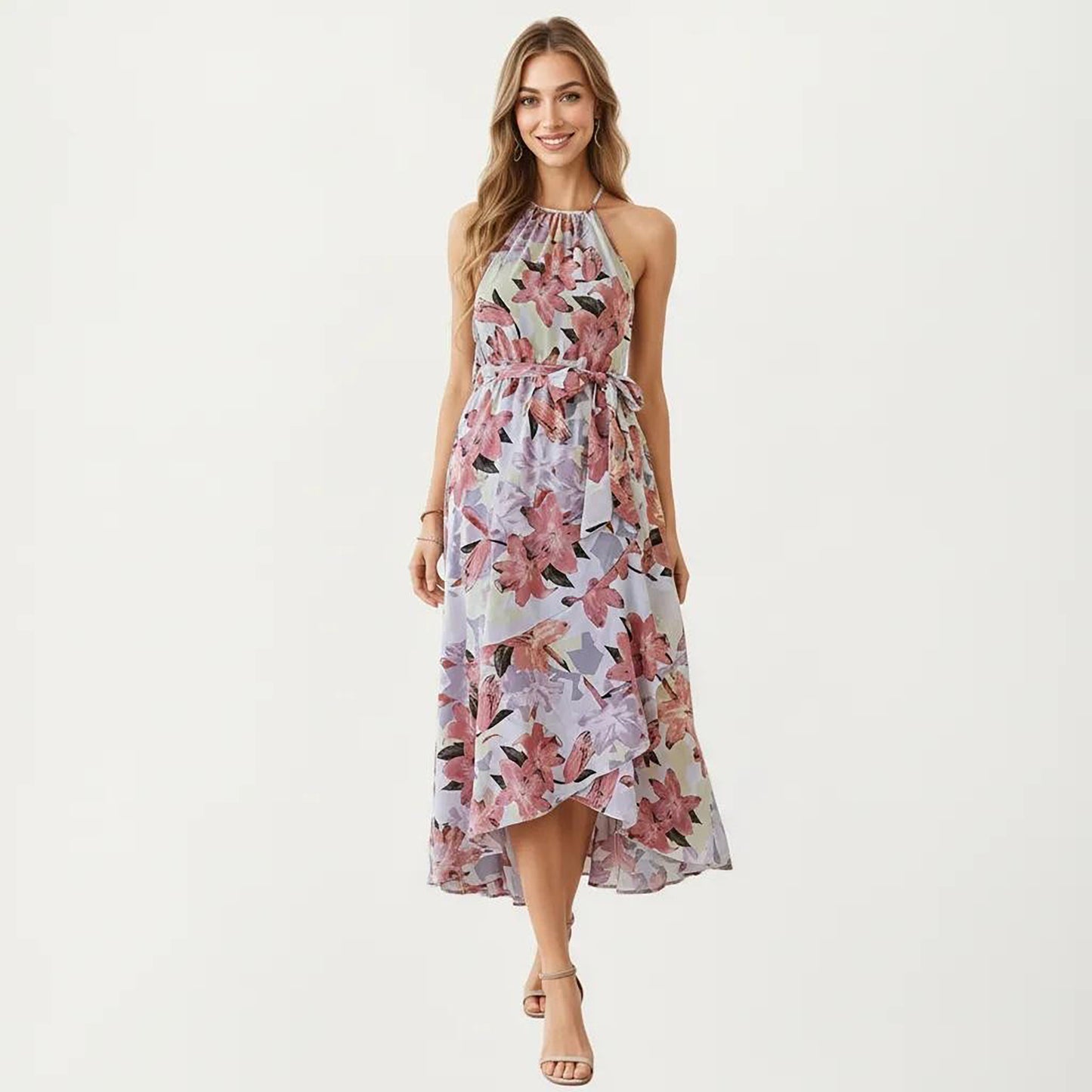 Halter Neck Midi Dress with Floral Print and Asymmetrical Hem