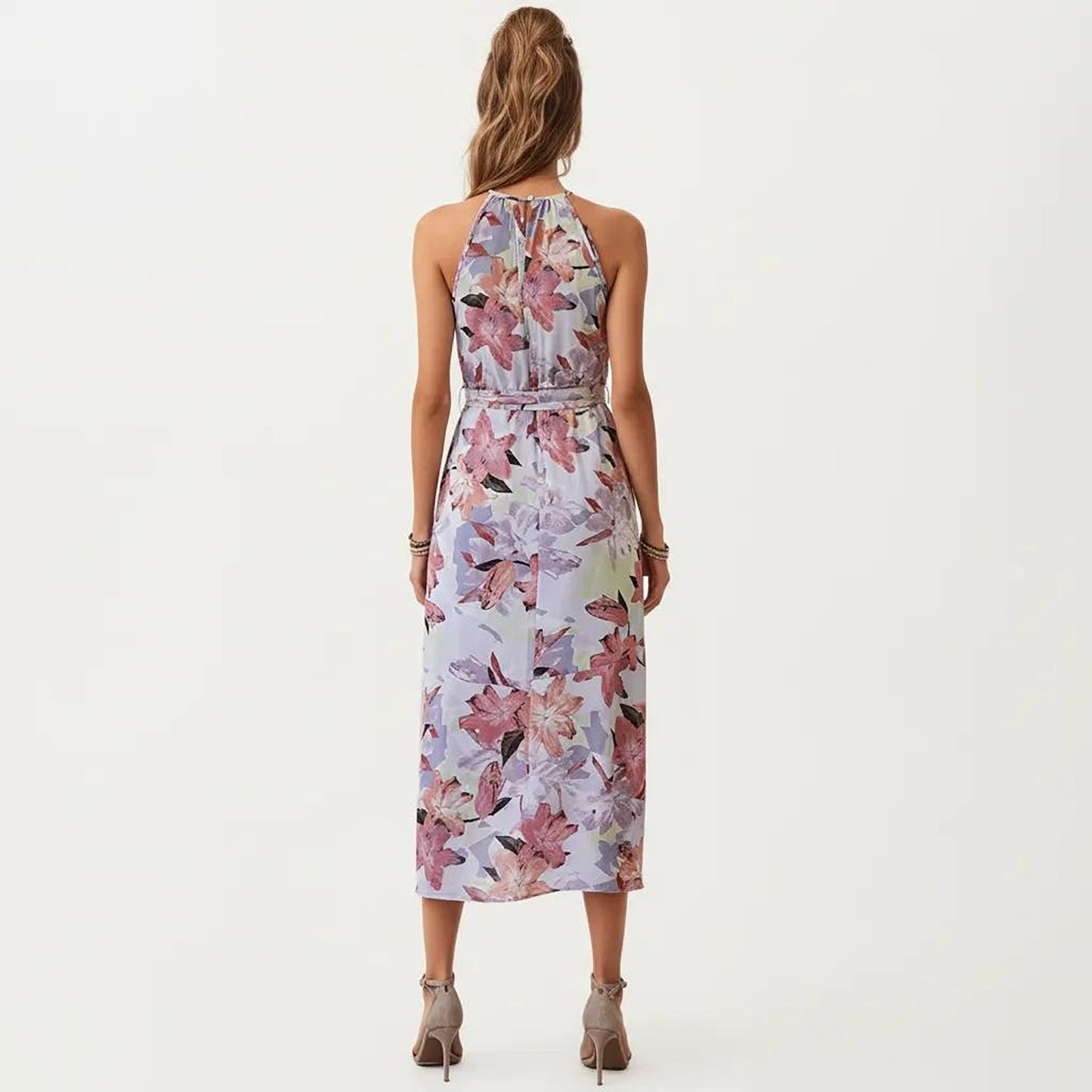 Halter Neck Midi Dress with Floral Print and Asymmetrical Hem