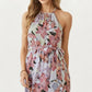 Halter Neck Midi Dress with Floral Print and Asymmetrical Hem