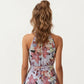 Halter Neck Midi Dress with Floral Print and Asymmetrical Hem
