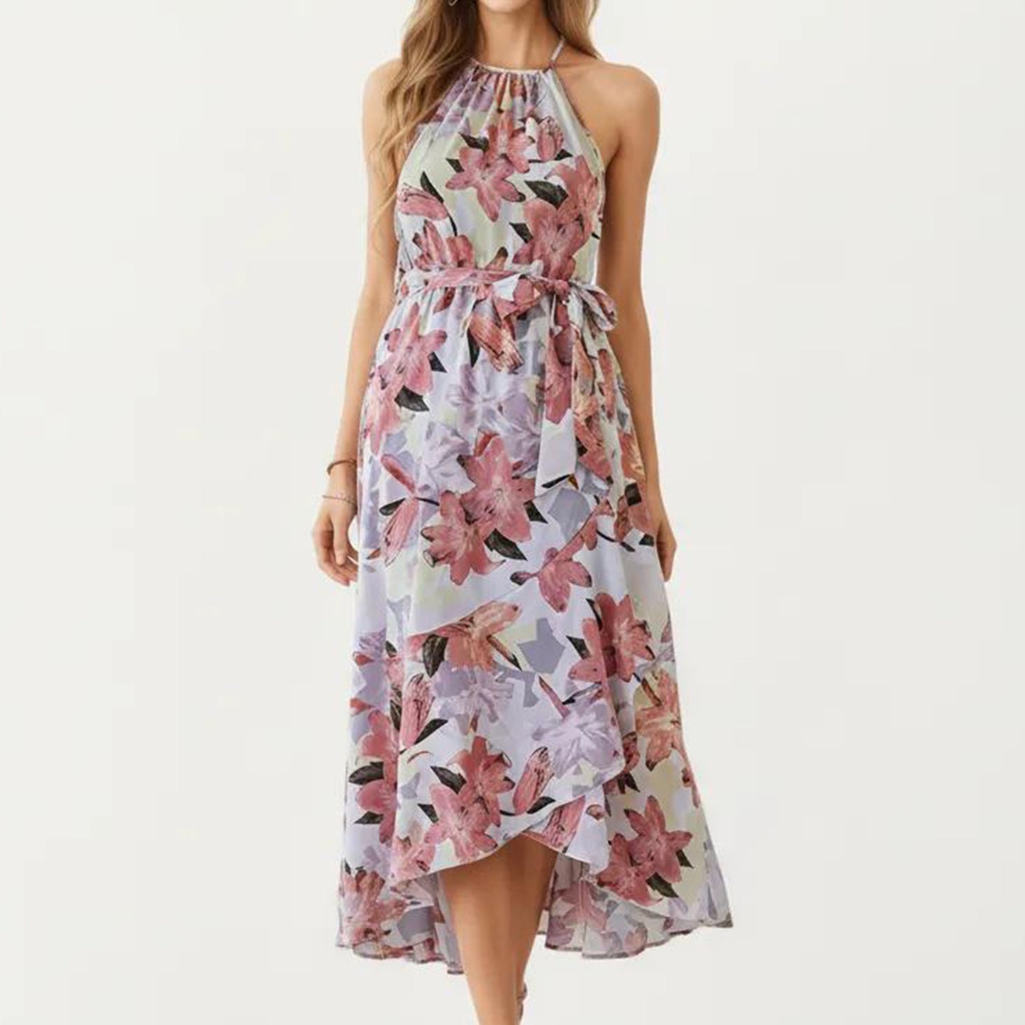 Halter Neck Midi Dress with Floral Print and Asymmetrical Hem