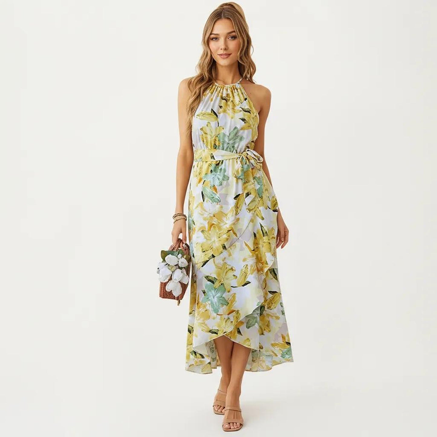 Halter Neck Midi Dress with Floral Print and Asymmetrical Hem