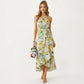 Halter Neck Midi Dress with Floral Print and Asymmetrical Hem
