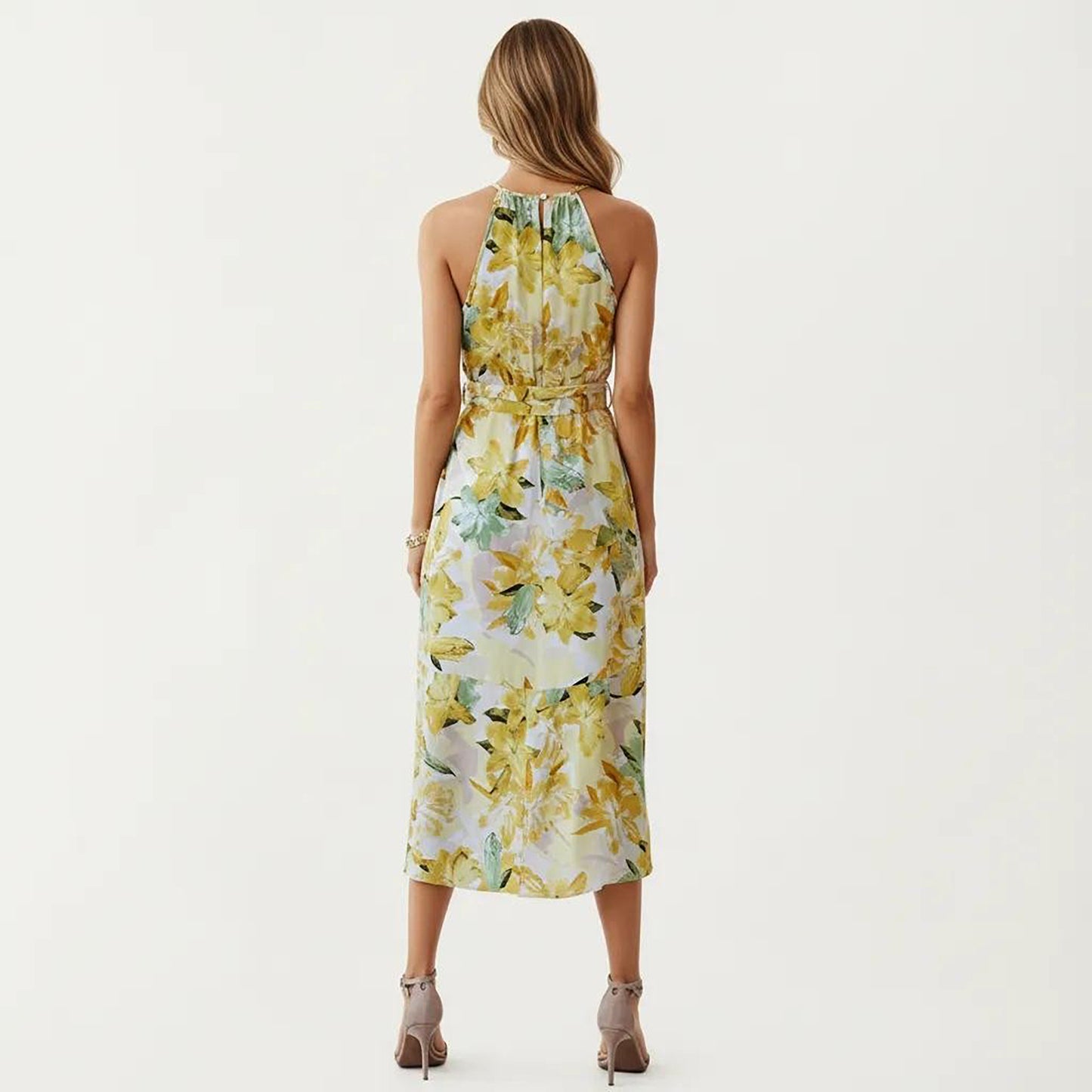 Halter Neck Midi Dress with Floral Print and Asymmetrical Hem