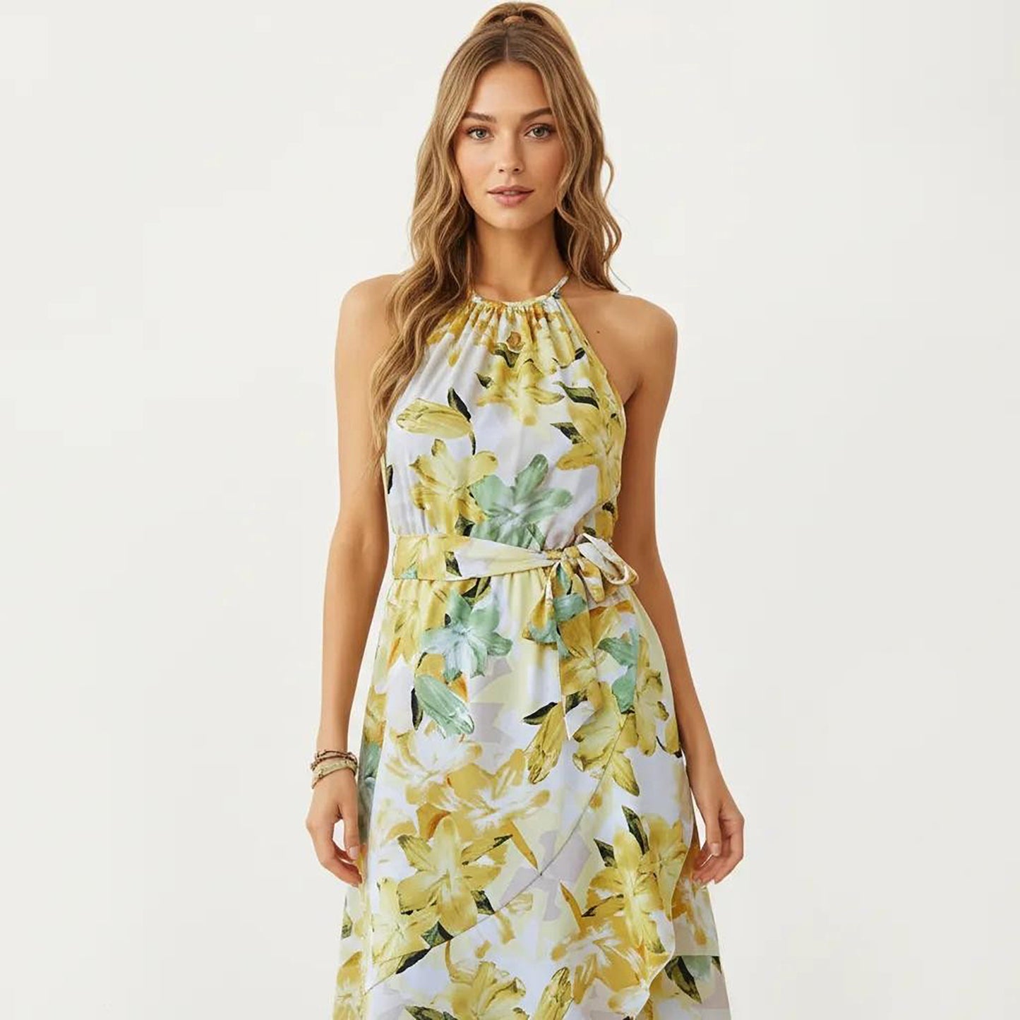 Halter Neck Midi Dress with Floral Print and Asymmetrical Hem