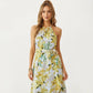 Halter Neck Midi Dress with Floral Print and Asymmetrical Hem