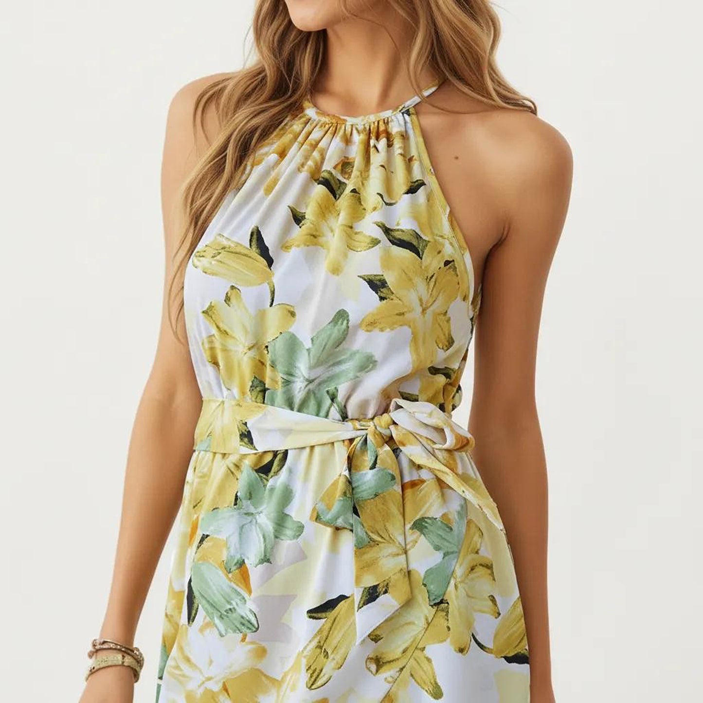Halter Neck Midi Dress with Floral Print and Asymmetrical Hem