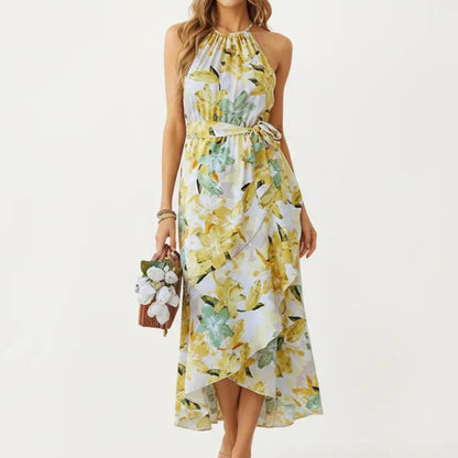 Halter Neck Midi Dress with Floral Print and Asymmetrical Hem