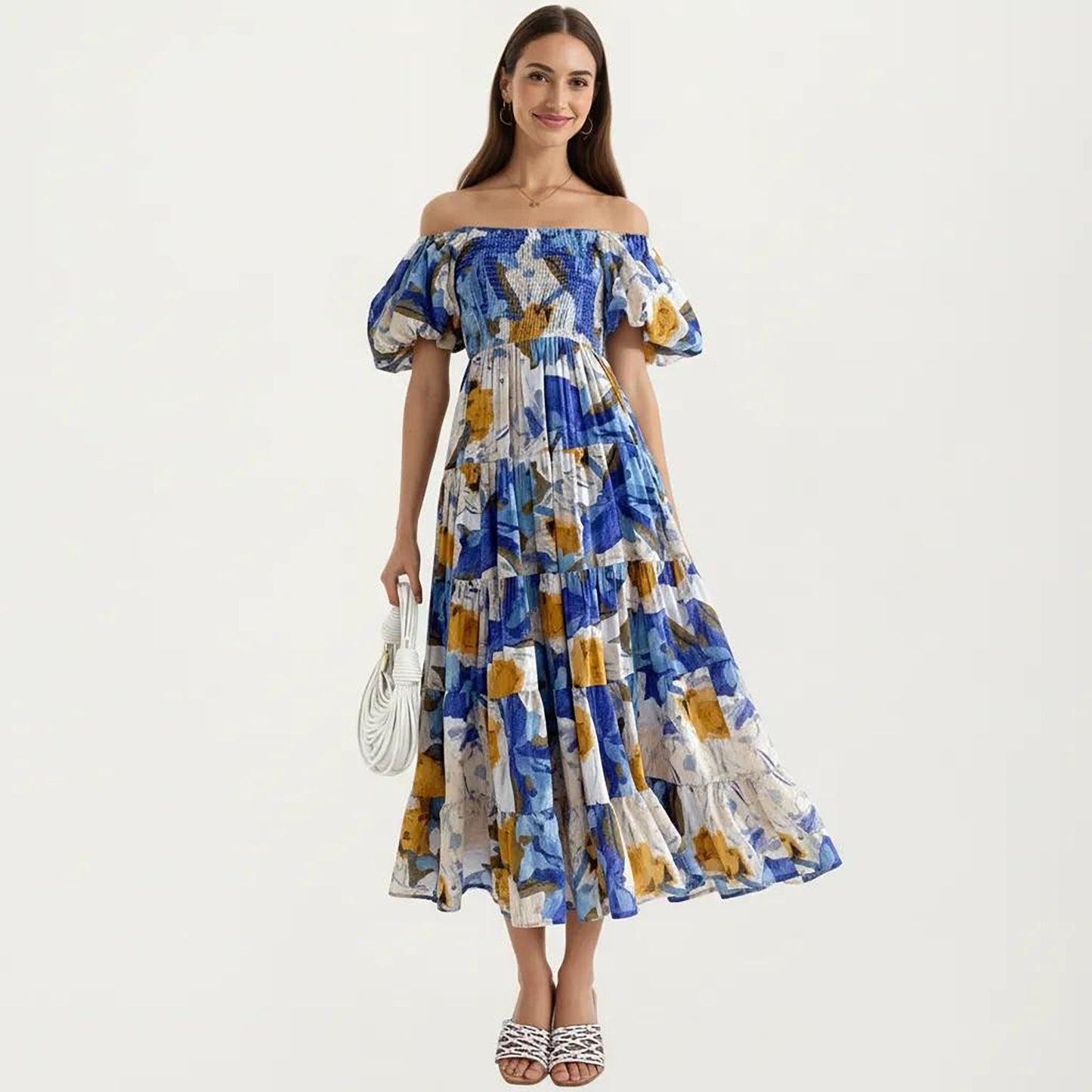 Off Shoulder Maxi Dress with Smocked Bodice and Tiered Skirt