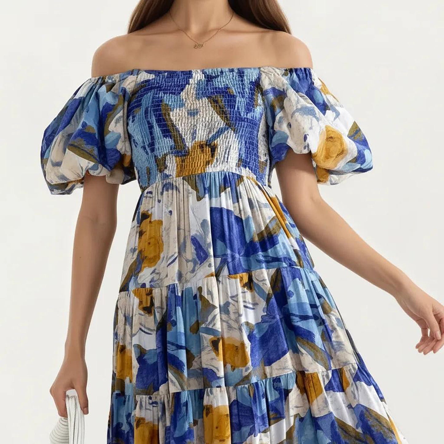 Off Shoulder Maxi Dress with Smocked Bodice and Tiered Skirt