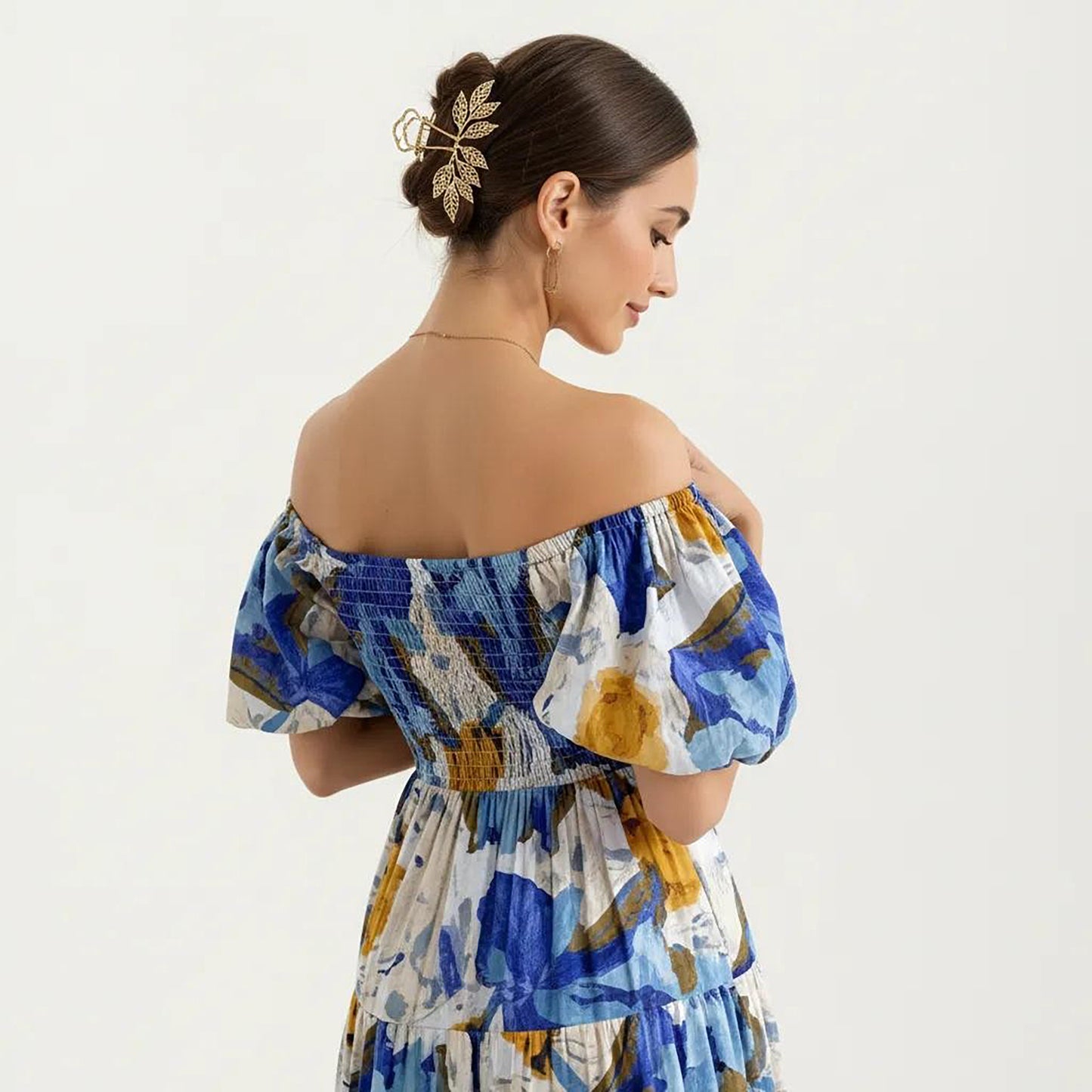 Off Shoulder Maxi Dress with Smocked Bodice and Tiered Skirt