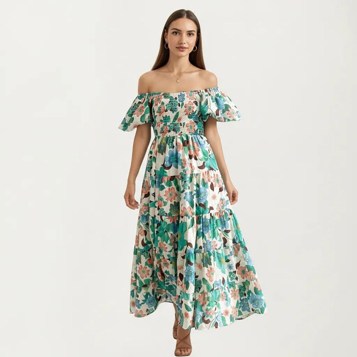 Off Shoulder Maxi Dress with Smocked Bodice and Tiered Skirt