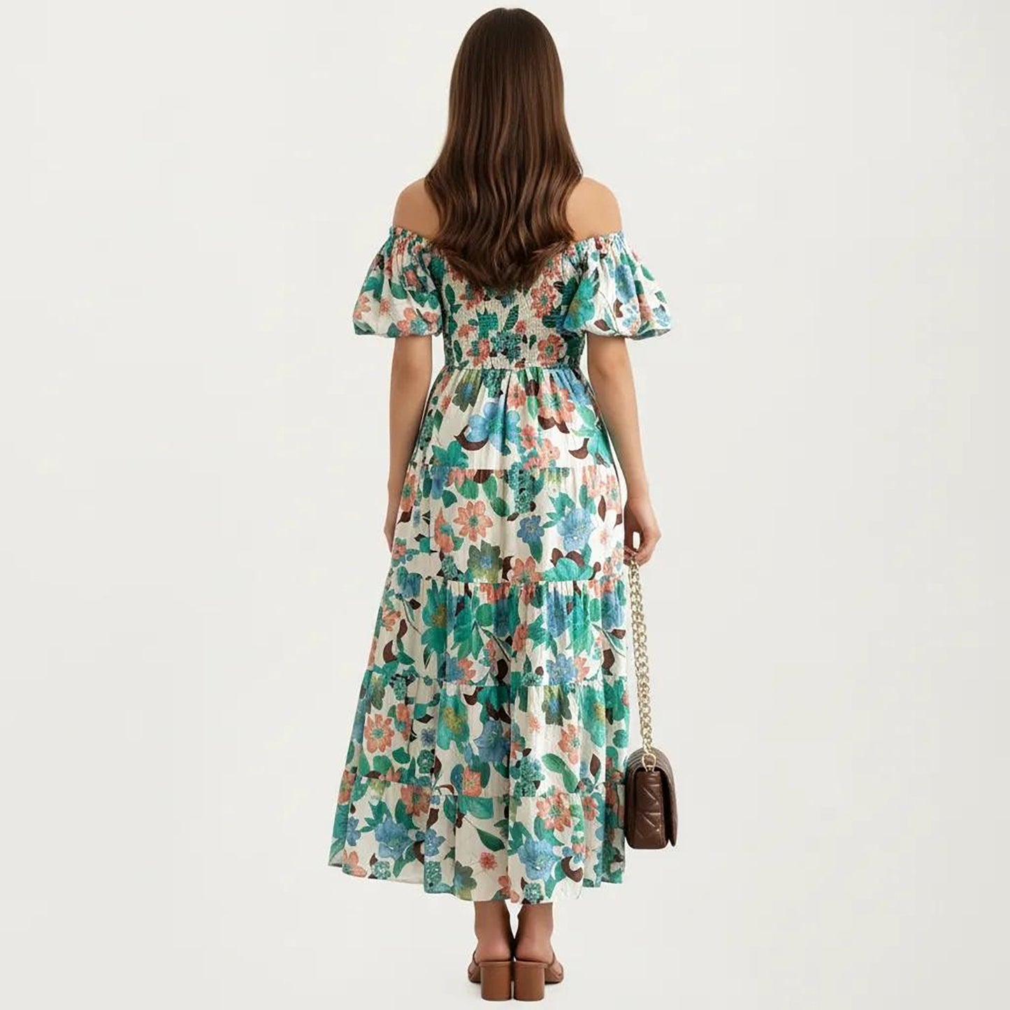 Off Shoulder Maxi Dress with Smocked Bodice and Tiered Skirt